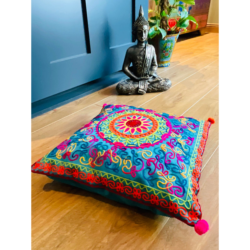 Handmade Embroidered Multi Colour Bohemian Vibrant 40 cm x 40 cm Cushion Covers Three Designs, Blue