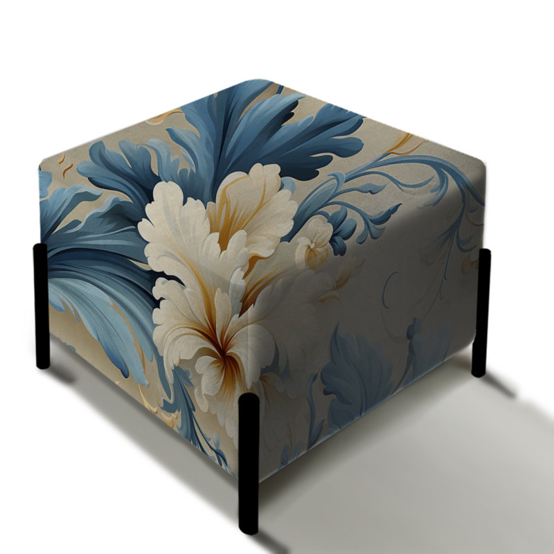 Blanc et bleu damassé en fleurs - Repose-pieds carré damassé