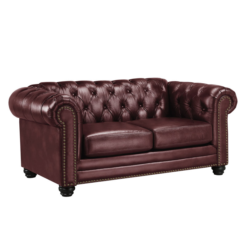 Ornellas 70" Leather Rolled Arm Chesterfield Loveseat, Cherry Leather Match