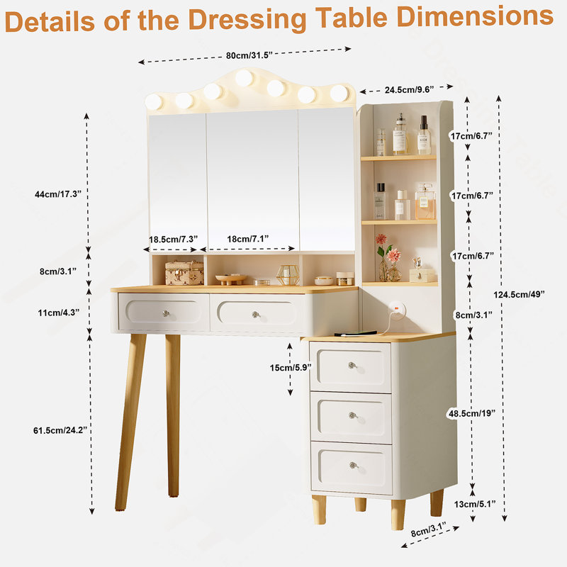 Bureau de meuble-lavabo avec miroir et lumières, meuble-lavabo de maquillage avec 2 barrettes d'alimentation USB, ensemble de meuble-lavabo avec deux tiroirs et commode à trois tiroirs, 3 modes d'éclairage à luminosité réglable, miroir pliable à trois côtés (blanc)