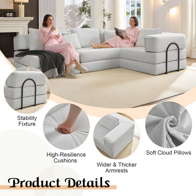 118.2'' Modular L-Shaped Cloud Sofa, Corduroy Deep Seat, No Assembly, 6-in-1 Sectional
