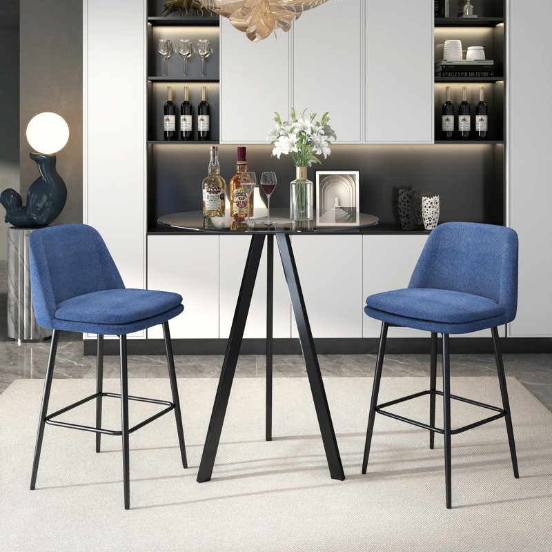 Modern 31.5'' Glass Round Bar Table with Stools Set, High Top Pub Table & 360° Swivel Linen Bar Stool, Blue, Black