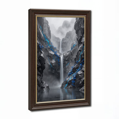 Cascade d'eau dans un canyon gris avec des vignes bleues, art mural