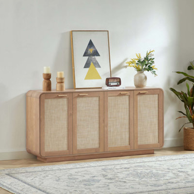Buffet en rotin avec 4 portes, base robuste intégrée, parfait pour le salon, la cuisine et la salle à manger