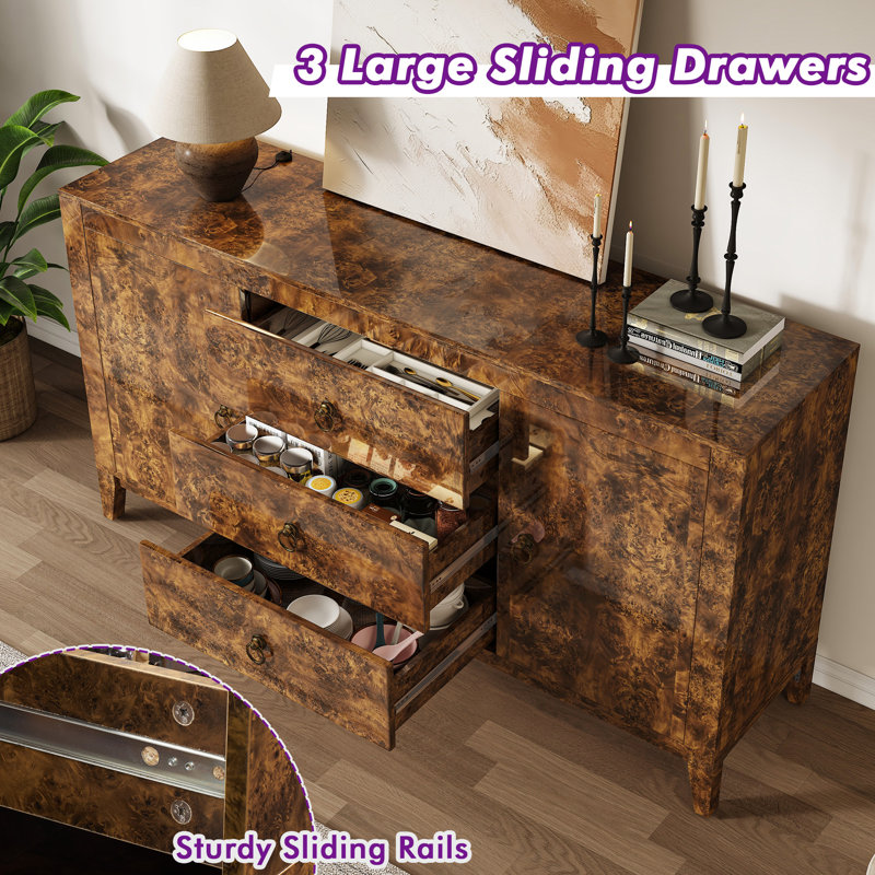 Dorne 60" Modern High Gloss Burl Sideboard with Adjustable Shelves, Brown, Brown