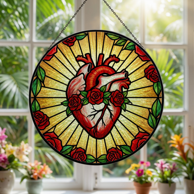 Panneau de vitrail 12 "H Heart Roses, H 12 po x l 12 po