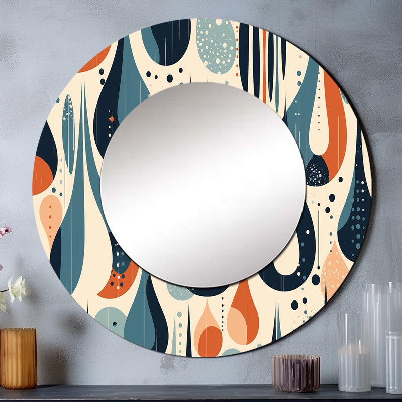 Grand miroir orange orange Midcentury Balance II - formes abstraites, miroir rond orange unique, impression sur métal