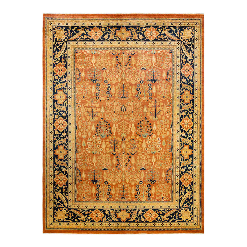 Tapis orange noué à la main unique 9 pi 1 po x 12 pi 5 po Vibha Eclectic