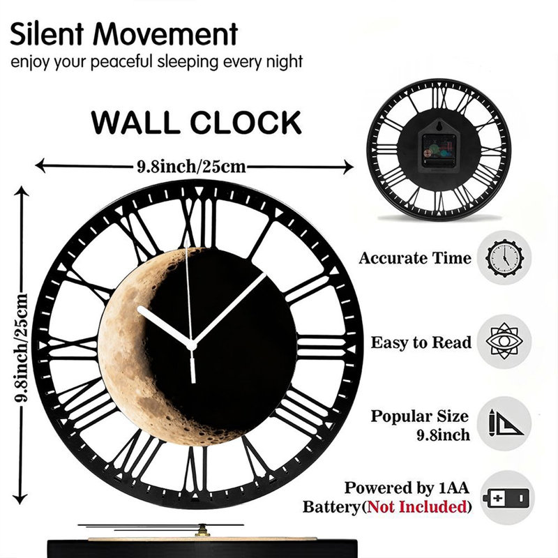 Horloge murale ronde en fer 10 po avec mouvement à quartz silencieux, chiffres romains, impression UV, Last Quarter Moon