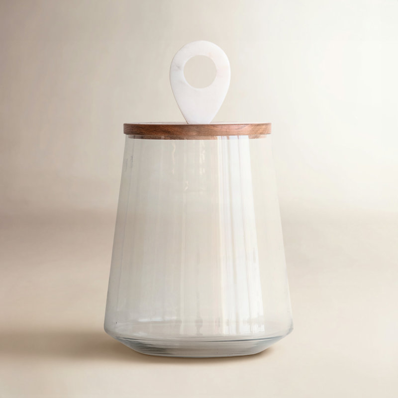 Petit pot en verre transparent avec bois de manguier et couvercle en marbre, H 11,8 po x l 9,6 po x P 9,6 po
