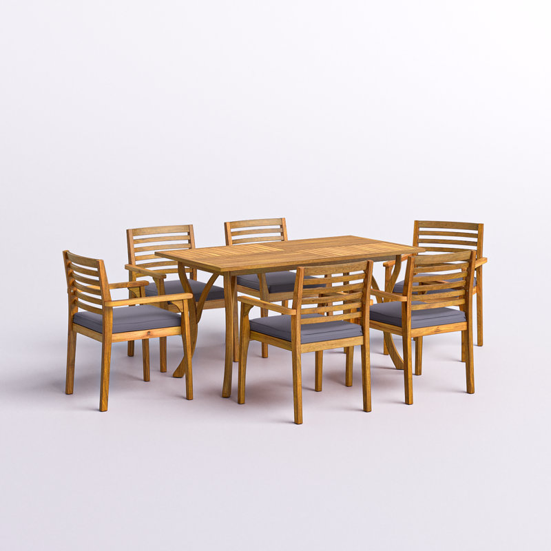 Tinnin 6 - Person Wood Patio Dining Set with Rectangular Table , Cushions Included, Teak