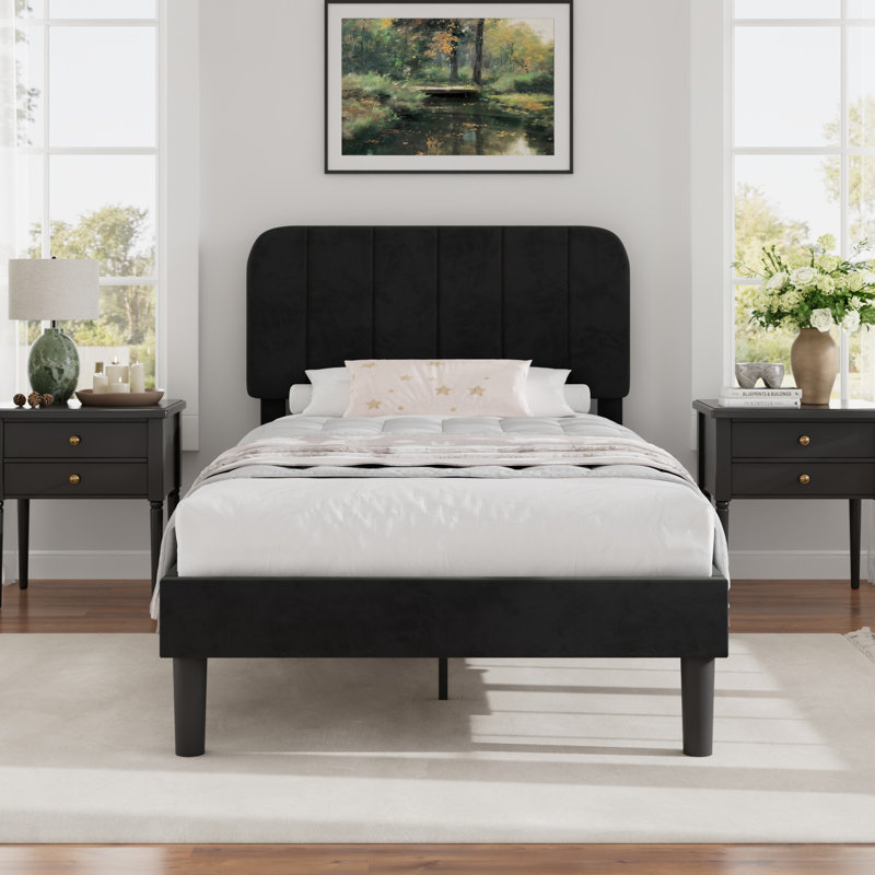 Upgraded Velvet Upholstered Platform Bed with Adjustable Headboard, Reinforced & Quiet Design, No Box Spring Needed, Sturdy Wood Slat Support, Easy Assembly