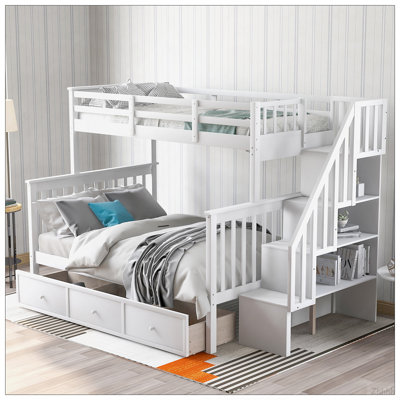 Lit superposé simple au-dessus d'un lit double avec tiroir, garde-corps et rangement pour chambre à coucher, dortoir, pour adultes