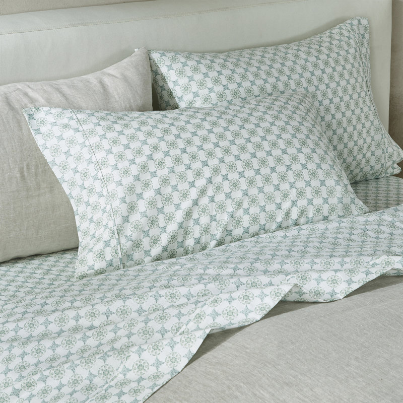 Ensemble de draps 100% coton à imprimé floral percale, Ensemble de draps pour lit double avec deux taies, Blanc / sauge