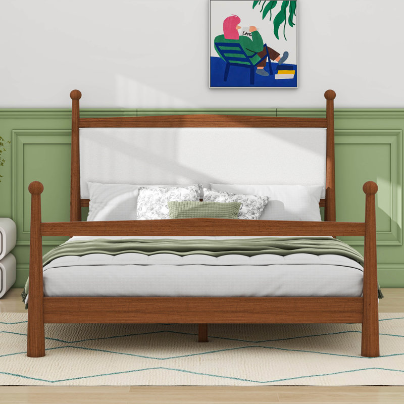Mid-Century Upholstered Bed Frame With Headboard, Brown, Queen