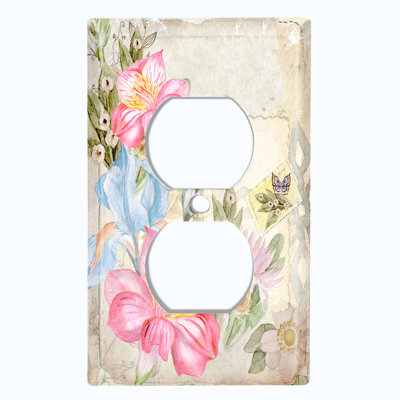 Metal Light Switch Plate Outlet Cover (Nature Colourful Flowers Bouquet Post Card Letter Grey  - Single Toggle)