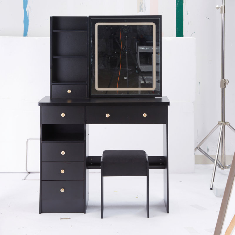 Meuble-lavabo de 37 po de taille moyenne avec tiroir à gauche et tabouret rembourré, grand tiroir, commande tactile, interrupteur tricolore, miroir à luminosité réglable, rangement grande capacité, convient aux grands espaces