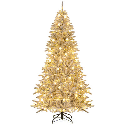  7 FT Snow-flocked Artificial Christmas Tree w/65 Sphere Lights 350 LED Lights