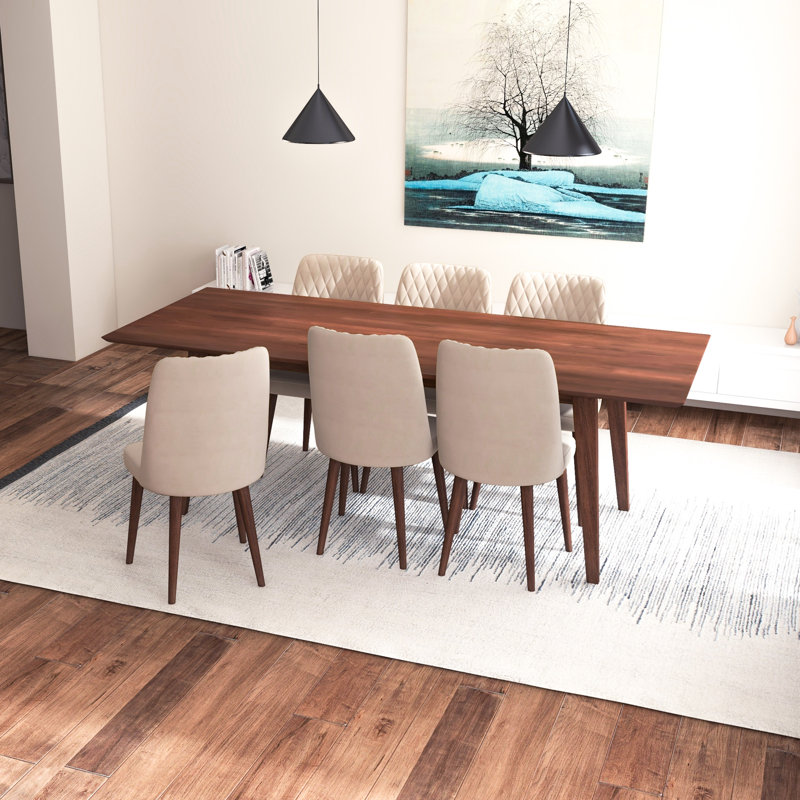 Ava 7-Piece Mid-Century Rectangular Dining Set W/ 6 Velvet Dining Chairs, Beige