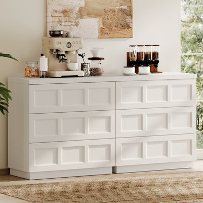 Boho Sideboard Cabinet,2-in-1 Wood Storage Buffet Console with Pop-Up Rebound Drawers, Smooth Silent Gliding Design, Anti-Wobble Stable Accent Cabinet for Dining Room, Vintage White