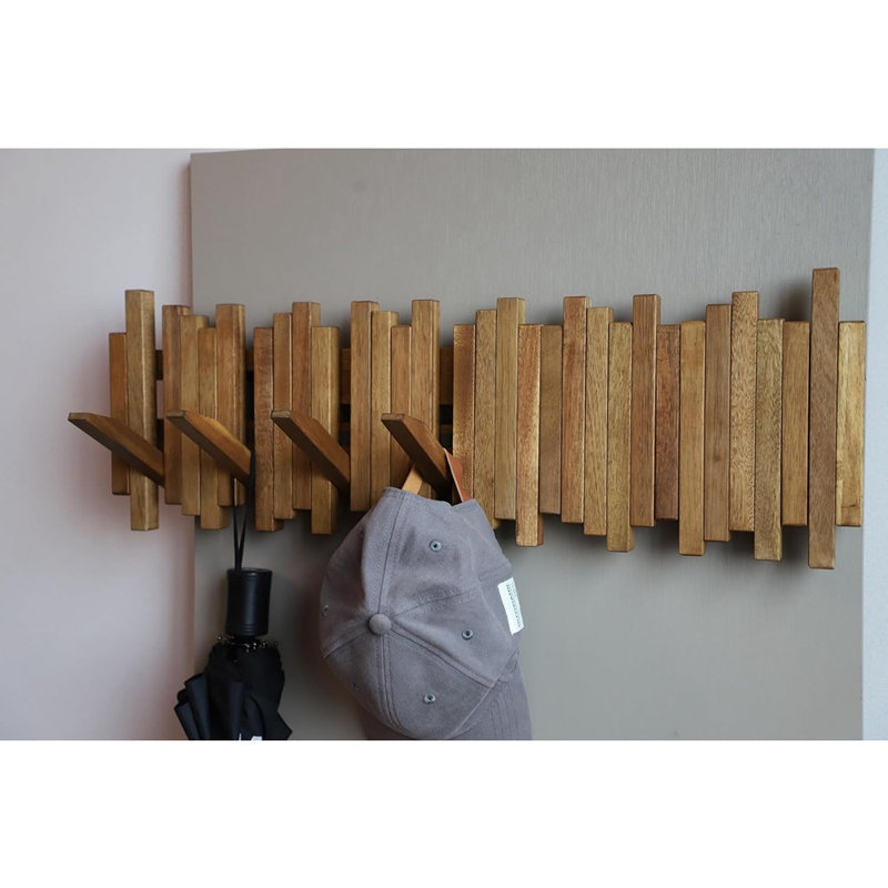 Porte-manteau mural en bois d'acacia naturel, 7 crochets rabattables, fixation magnétique, organisateur d'entrée moderne, brun clair