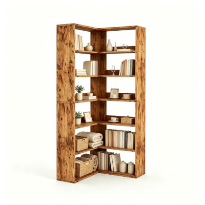 Bibliothèque d'angle à 6 niveaux, bibliothèque d'angle en bois rustique avec rangement ouvert, tablette en L peu encombrante pour le salon, la chambre à coucher et le bureau à domicile