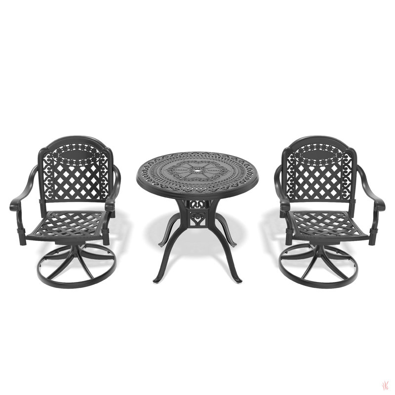 Cet ensemble de salle à manger en fonte d'aluminium toutes saisons comprend des chaises pivotantes et une table ronde avec cadre noir