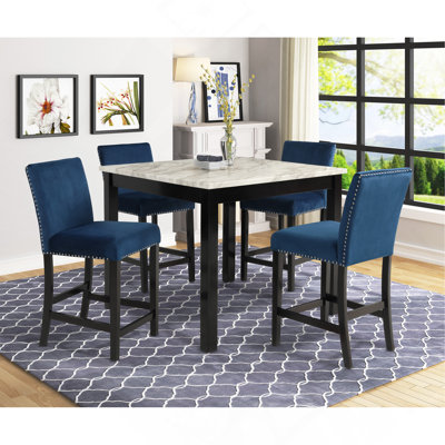 Ensemble de salle à manger à hauteur de comptoir 5 pièces Carré Table en faux marbre blanc Velours bleu rembourré Têtes de clou capitonnées Mobilier de salle à manger en bois noir