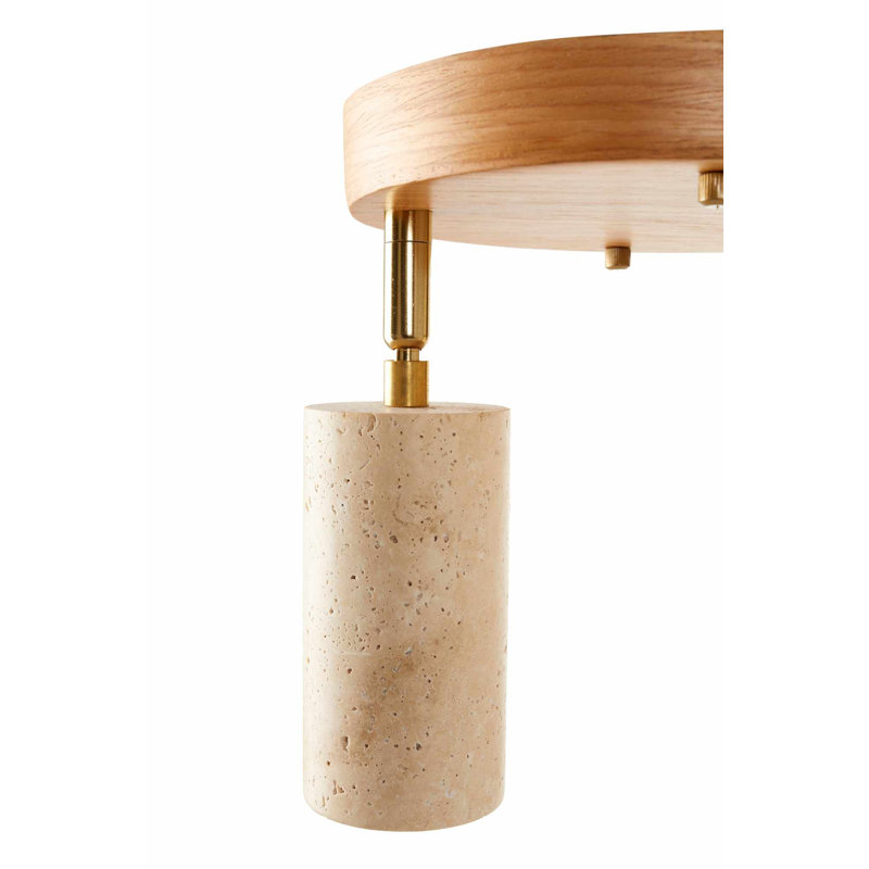 Élégant lustre en bois avec capuchon en travertin, finition beige et chêne, hauteur totale de 21 pouces | Capuchon de 6,5 po, plaque de base de 30 po | 3 x douilles GU10 (10 W maximum) | Parfait pour le salon et la salle à manger, solution d'éclairage élégante