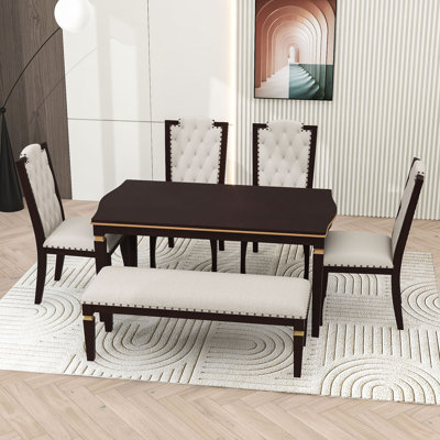 Ensemble de table de salle à manger élégant en bois pour 6 personnes avec chaises rembourrées et banc
