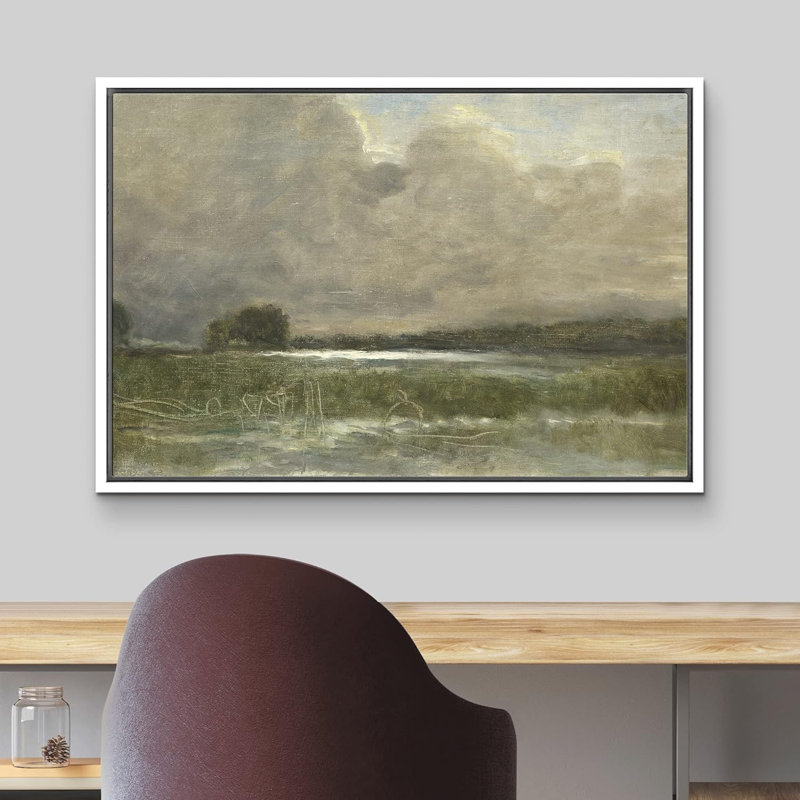 "Tempête, nuage, champ vert, paysage, nature, désert, beaux-arts, décoration rustique" sur, Cadre blanc, H 16 po x l 24 po