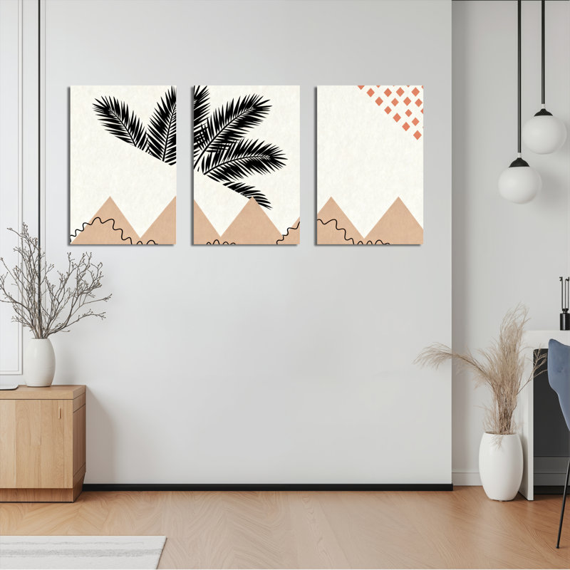 Feuille de palmier tropical et montagnes géométriques, reproduction d'art sur toile, impression moderne minimaliste (ensemble de 3)