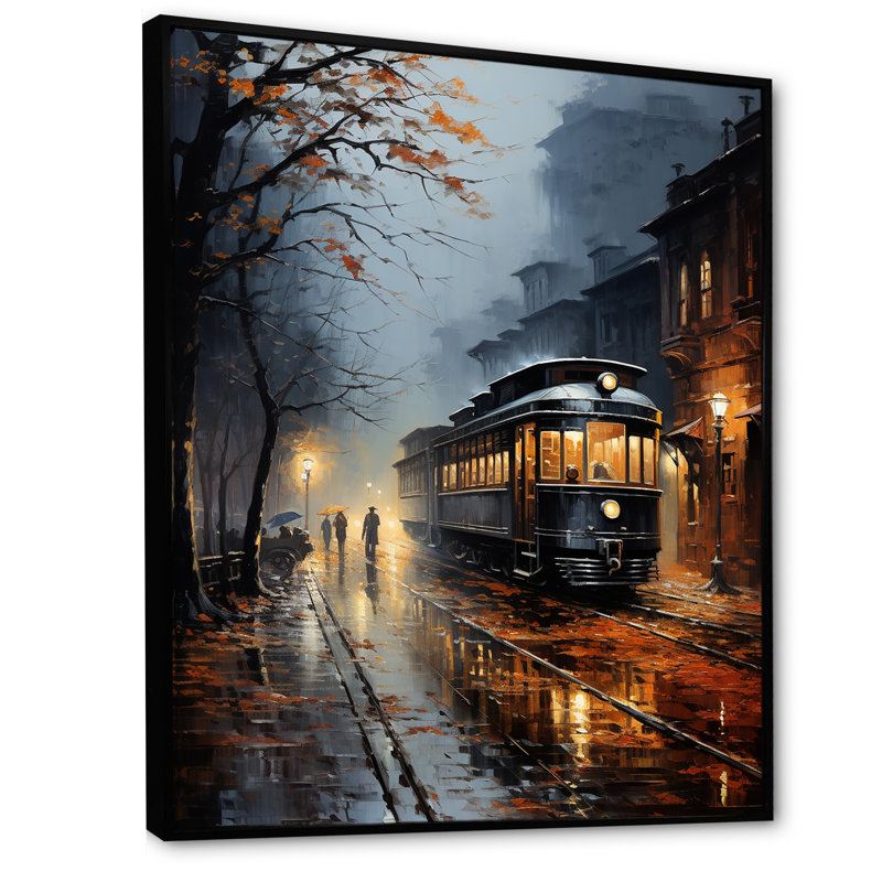Train Misty Morning Pointillism I - reproduction sur toile, Cadre flottant noir, H 32 po x l 24 po x P 1 po