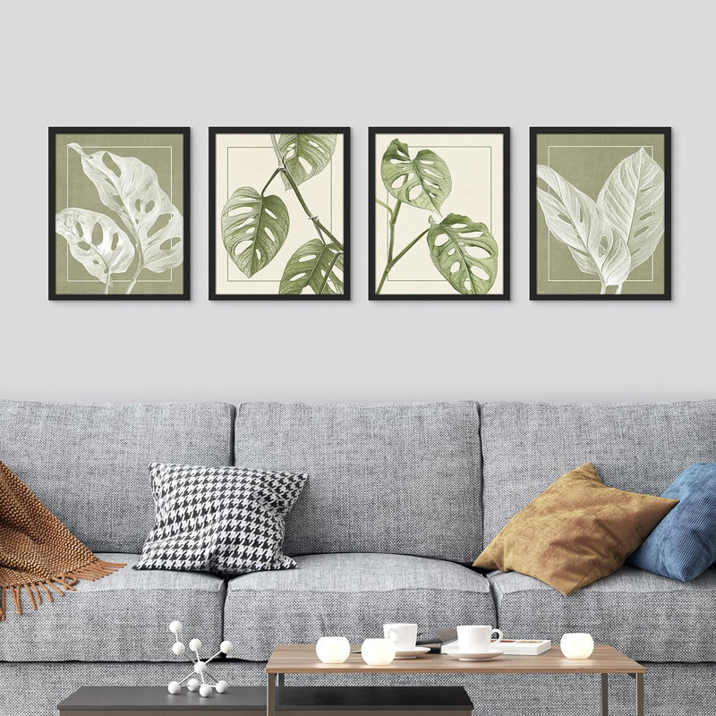 «Tropical Monstera», feuille verte sauge, impression 4 pièces, Cadre noir, H 14 po x l 11 po x P 1 po