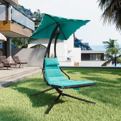PeakPursuit Hanging Chaise Lounge Swing Chair with Umbrella Canopy, Patio Lounge Chairs with Stand, Curved Steel Hammock Lounger Chairs for Outdoor Indoor Pool Garden Backyard Porch