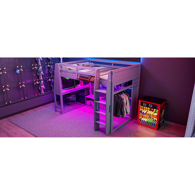 Lit mezzanine double en bois avec bureau, étagères à rangement multiples, DEL et support à vêtements suspendu, gris