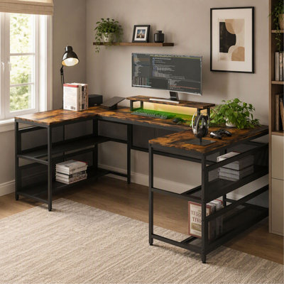 U-Shaped Gaming Desk with Power Outlets, LED Strip & Monitor Stand, Storage Shelf, Vintage