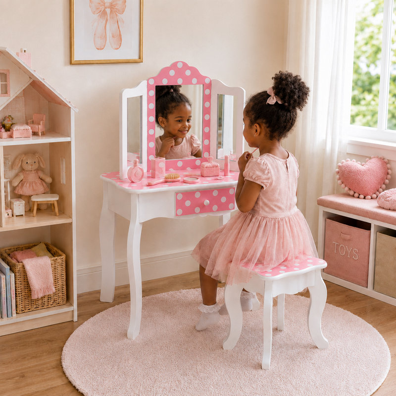 Teamson Kids Gisele Wooden Play Vanity Set with Tri-Fold Mirror, Storage Drawer, Matching Stool and Kids Makeup Table for Ages 3+