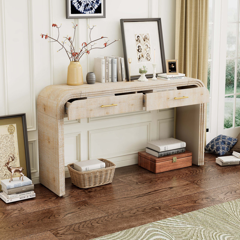 Wood Storage Console Table Sofa Table with Drawers, Natural Wood Wash