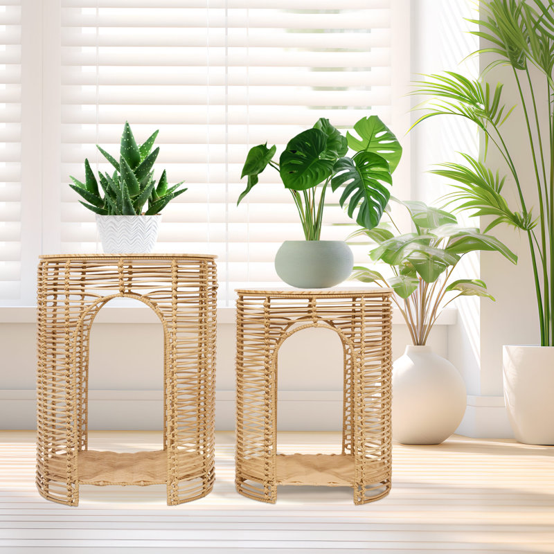 Set of 2 PE Rattan Outdoor Side Table with Storage