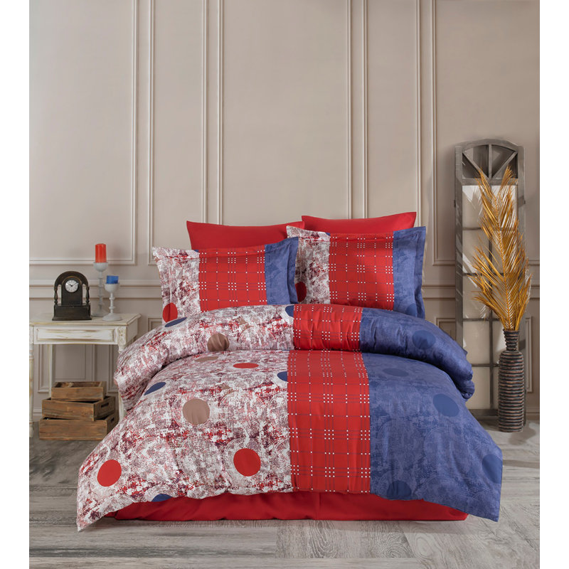 Ensemble de housse de couette 100% coton rouge / bleu / brun Aldwyche