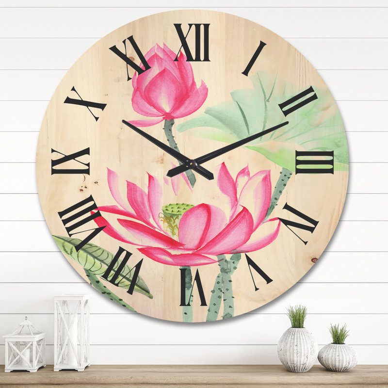 Fleur de lotus rose rétro - horloge murale traditionnelle en bois, Très grand