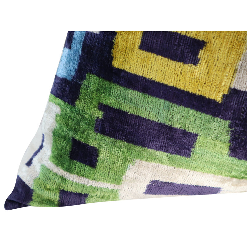 Velvet Lumbar Pillow Cover & Insert, Blue/Green/Yellow Geometric 1