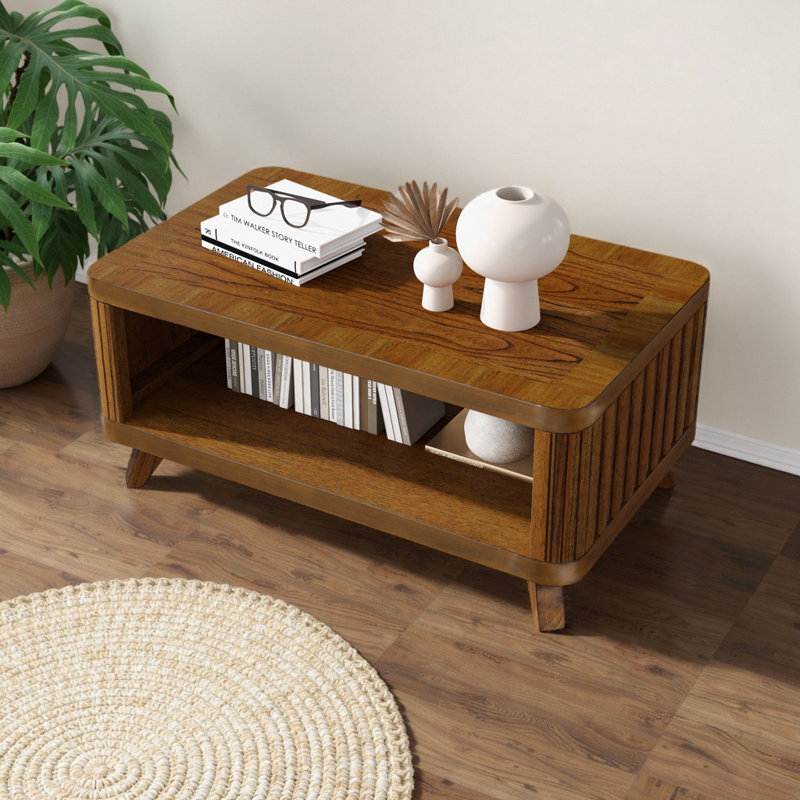 41.5" Rectangular Coffee Table with Solid Wood Legs & Open Shelf, Light Brown