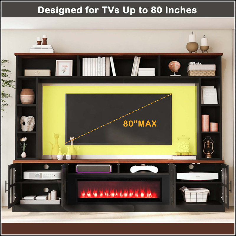 Meuble audio-vidéo mural avec foyer électrique pour téléviseur de 80 po ou moins, Black+Brown