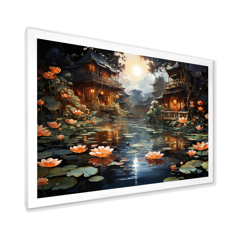 «Mariannah China Art Lotus Lantern II», reproduction, H 34 po x l 44 po x P 1,5 po, Cadre simple blanc