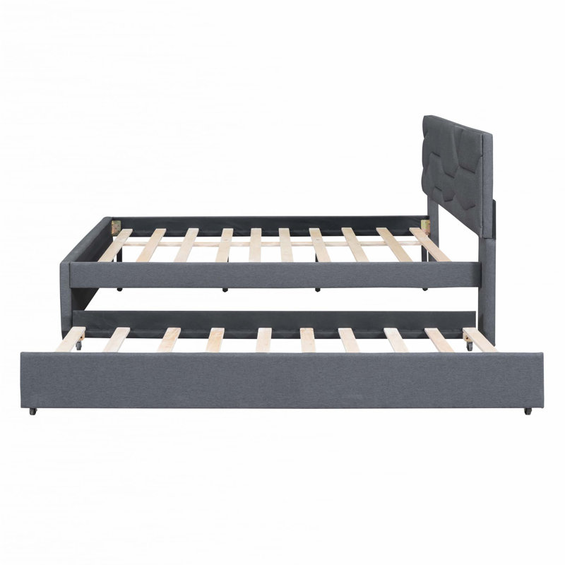 Lit plateforme tapissier avec lit gigogne, gris