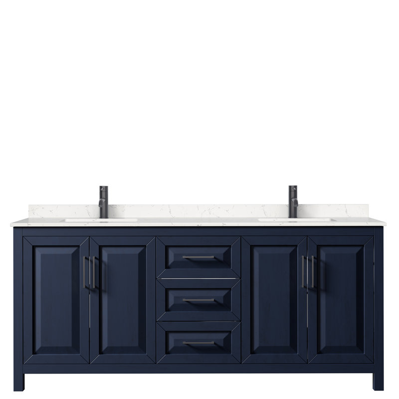 Daria 80'' W Double Vanity, Brushed Gold, Dark Blue, Carrara Cultured Marble
