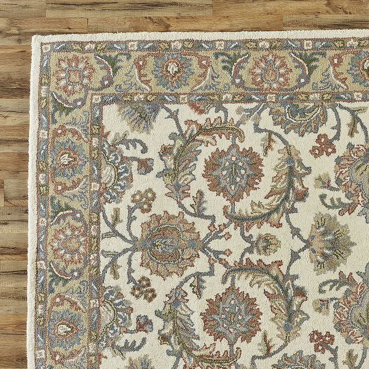 Tapis oriental ivoire / vert en laine touffeté à la main India House Lilian, Rectangle 2 pi 6 po x 4 pi