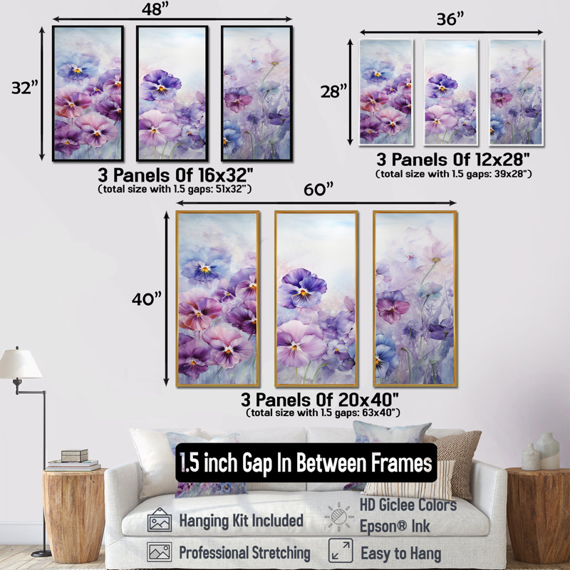 Ensemble de salon mauve avec fleurs mauves, H 40 po x l 60 po x P 1 po, Cadre flottant blanc